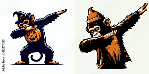 Chimpanzee wear halloween costume and pose dabbing. Funny Animal Vector Clip art. Primate in holiday attire striking cool dance motion.