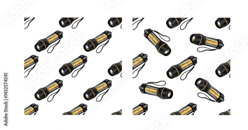 Hand drawn colored vintage seamless pattern set with sketch of camping flashlight