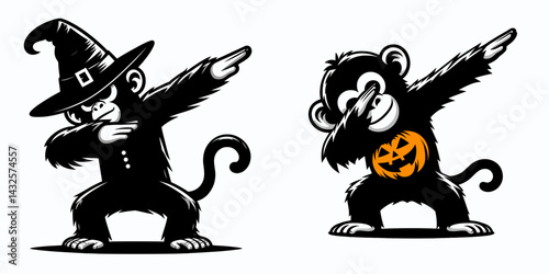 Chimpanzee wear halloween costume and pose dabbing. Funny Animal Vector Clip art. Ape donned bizarre attire strike unique celebratory dance.