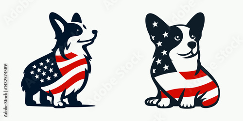 Corgi Dog with american flag. Funny Animal Vector Clip art. Patriotic canine holding nation banner for celebration.