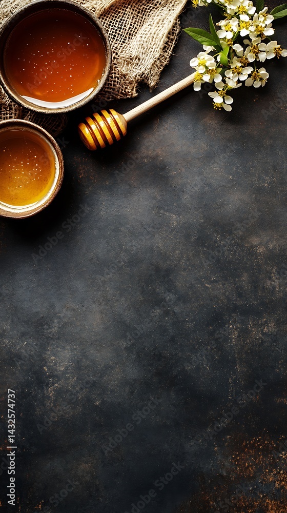 Fototapeta premium Rustic Honey Still Life with Honeycomb Dipper and Blossom on Dark Texture