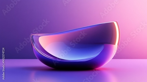 Glossy semicircular bowl casts reflections on a smooth surface under pink and purple light