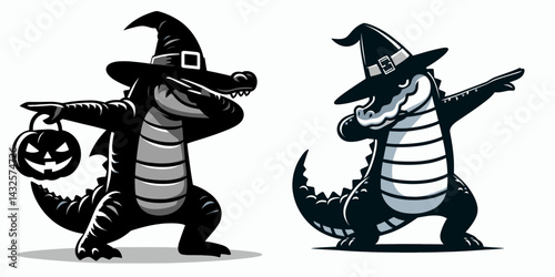 Crocodile wear halloween costume and pose dabbing. Funny Animal Vector Clip art. Reptile in spooky attire motion gesturing dance move.