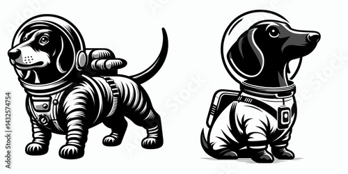 Dachshund Dog in astronaut costume. Funny Animal Vector Clip art. Wiener canine cosmic space suit pet adventure.