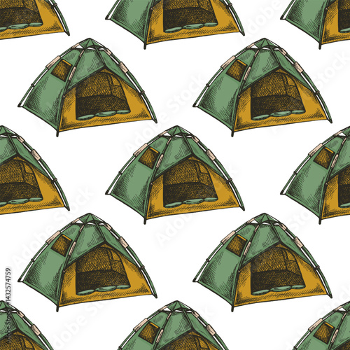 Hand drawn colored vintage seamless pattern with sketch of camping tent