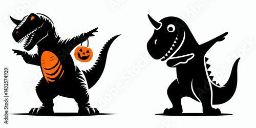 Dinosaur wear halloween costume and pose dabbing. Funny Animal Vector Clip art. Reptile attire festivity posture dancing move.