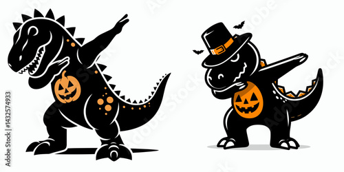 Dinosaur wear halloween costume and pose dabbing. Funny Animal Vector Clip art. Reptile dressup spooky garb stance.