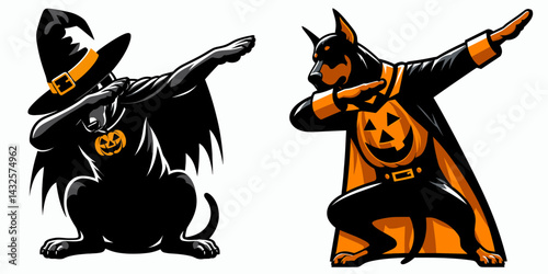 Doberman Pinscher Dog wear halloween costume and pose dabbing. Funny Animal Vector Clip art. apparel canine dab dance for fun.