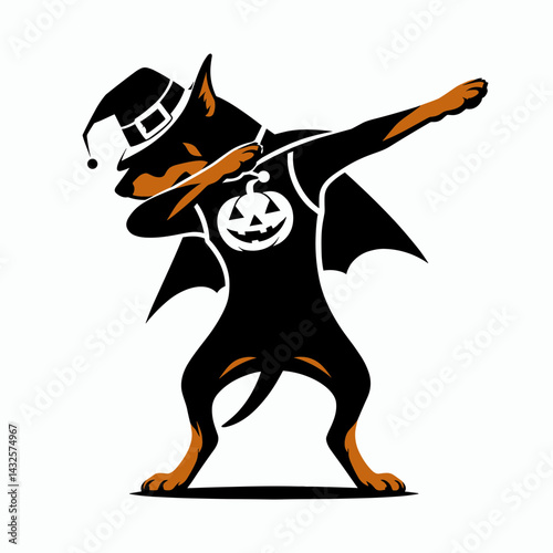 Doberman Pinscher Dog wear halloween costume and pose dabbing. Funny Animal Vector Clip art. canine attire spooky festival attitude dab maneuver.