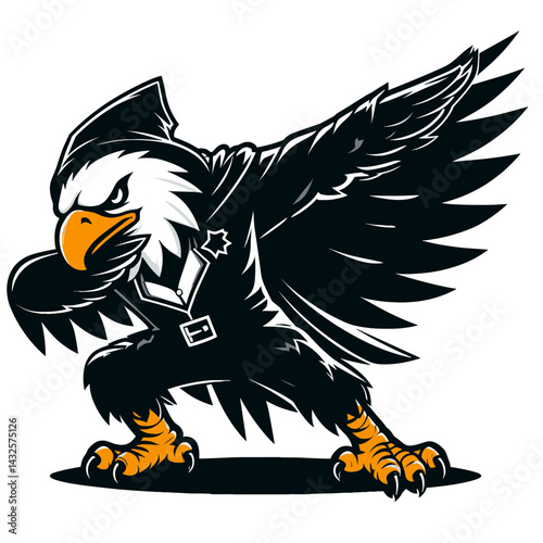 Eagle wear halloween costume and pose dabbing. Funny Animal Vector Clip art. Avian garb festive attire picture gesture.