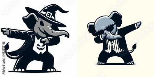 Elephant wear halloween costume and pose dabbing. Funny Animal Vector Clip art. Jumbo in attire holiday trick gesture comical attitude.