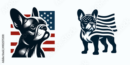 French Bulldog with american flag. Funny Animal Vector Clip art. Patriotic frenchie canine national banner pup photo.
