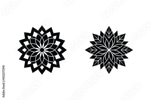 Two Black Ornamental Floral Rosettes Isolated On White Background Vector Graphics