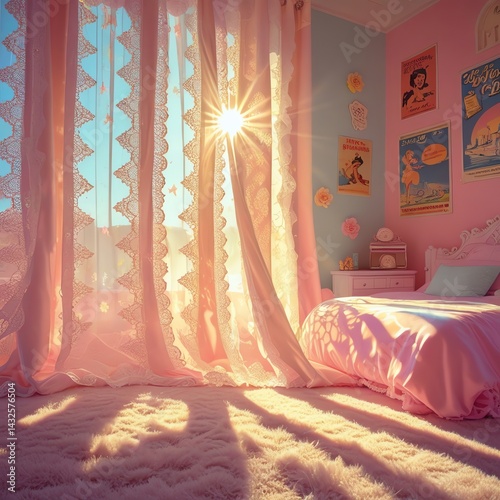 Wallpaper Mural Sunlit Pink Bedroom with Lace Curtains and Vintage Posters Torontodigital.ca