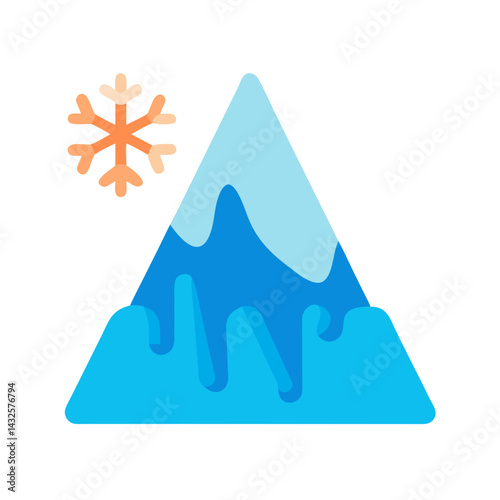 Winter mountain scene with snowflake in flat style