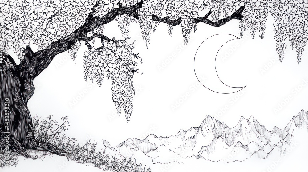 Obraz premium Weeping tree moonlit mountainscape, night scene, peaceful nature illustration