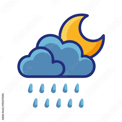 Night Rain Cartoon Icon with Moon Shining Through