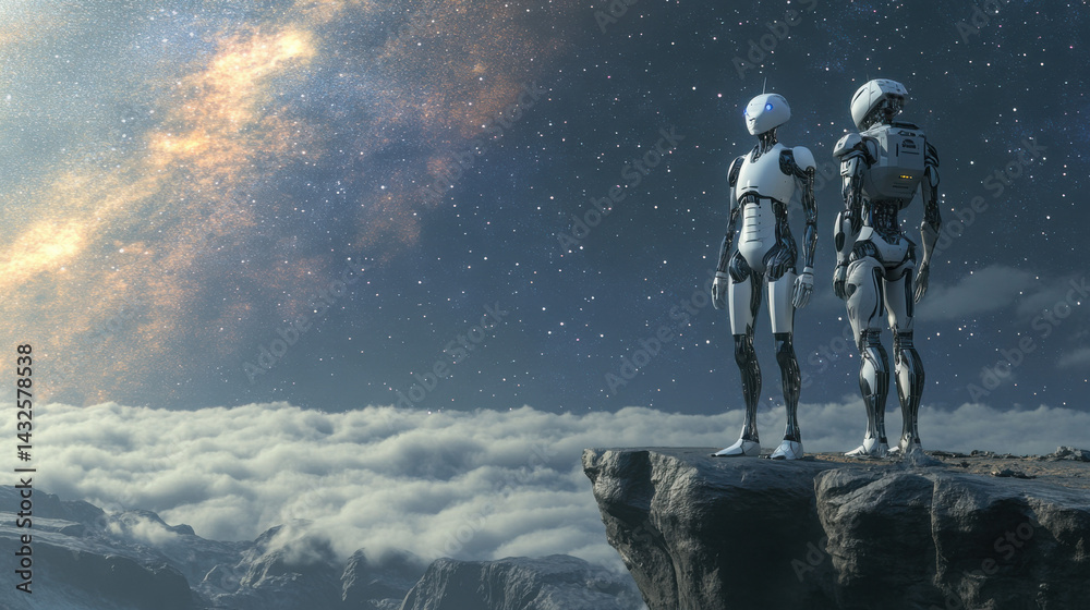 Naklejka premium Human and ai collaboration on cliff edge gigapixel standard inspirational landscape futuristic technology