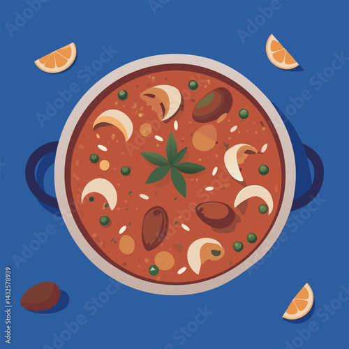 Paella. A Traditional Spanish Rice Dish with Seafood and Chicken