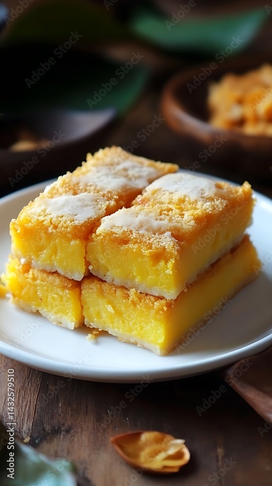 Stack of golden yellow bibingka cake squares on white plate with sugary topping Stack of golden yellow bibingka cake squares on white plate with sugary topping