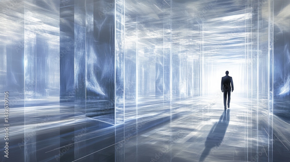 Fototapeta premium A Solitary Figure Walking Towards an Enlightened Future in a Futuristic Glass Corridor