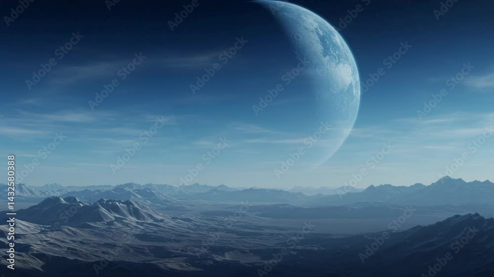 Alien planet landscape with mountains and a large moon in the blue sky