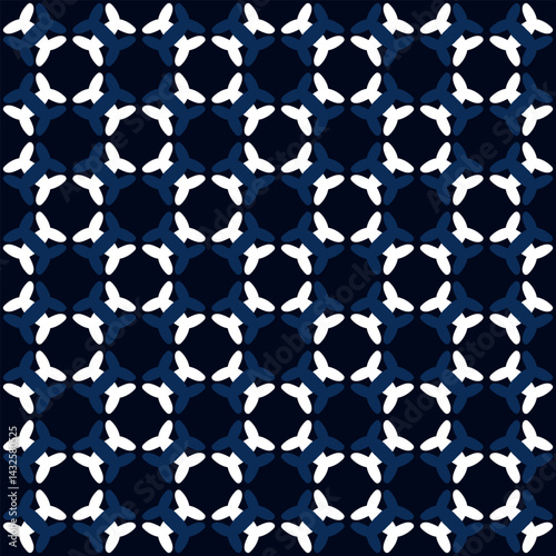 Simple geometric pattern abstract square shapes motif classic blue minimal background. Small diamond, circle elements modern fabric design textile swatch ladies dress, man's shirt allover print block.