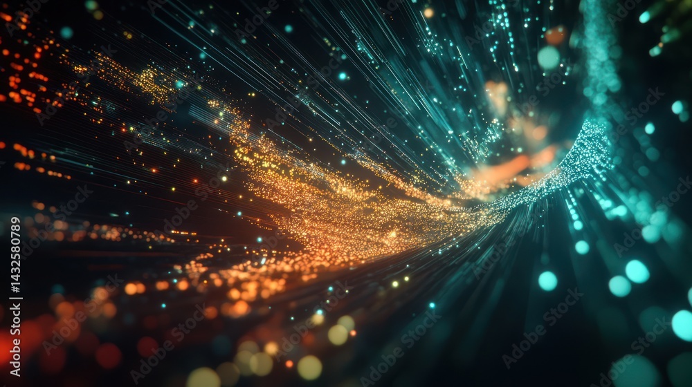 Obraz premium Abstract network data flow visualization with vibrant particles and lines