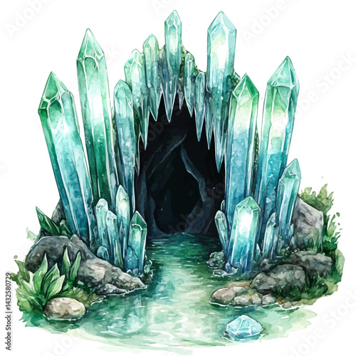 watercolor of Mysterious Underwater Cave With Glowing Crystals, isolated on a white background.
