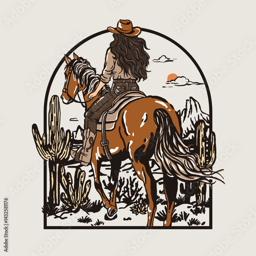 Retro Cowgirl on Horseback Western Scene