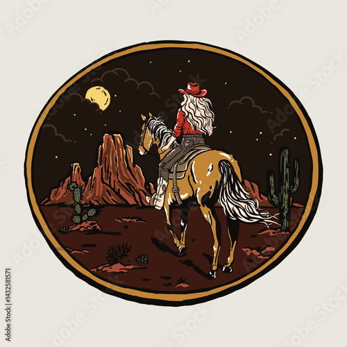 Western Cowgirl in the Night Desert Art