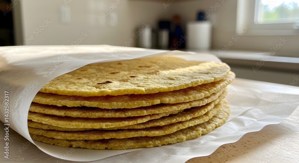 A stack of homemade corn tortillas, golden-yellow and slightly speckled, rests on parchment paper. Warm, inviting, and ready to be used.