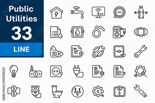 33 Line Icons of Public Utilities in Grid Layout – Minimal Thin Style