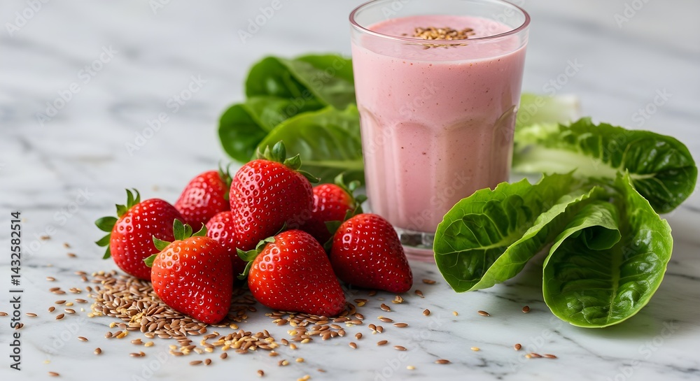 A refreshing strawberry smoothie, garnished with flax seeds, alongside fresh strawberries and romaine lettuce. Healthy and delicious!