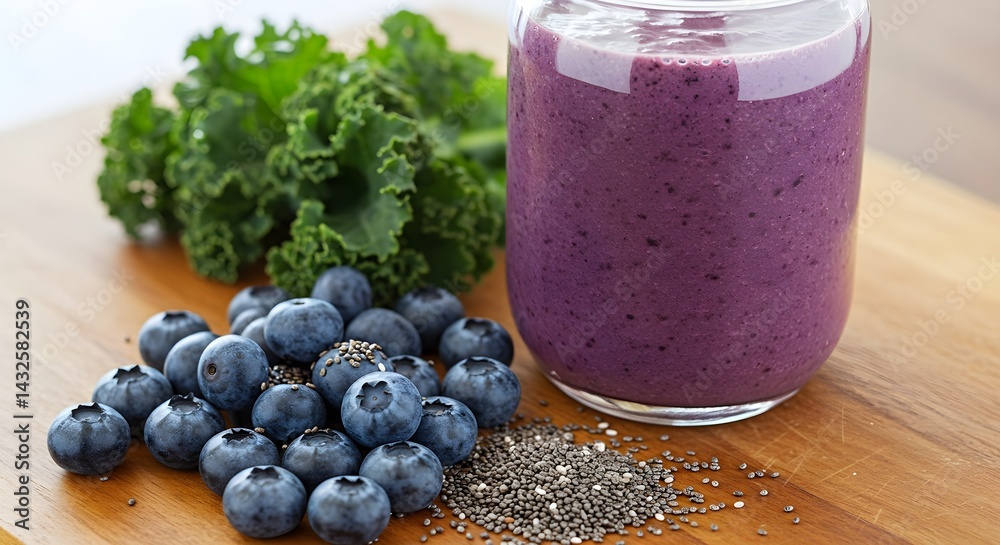 Delicious and healthy blueberry kale smoothie in a jar. Perfect for a nutritious breakfast or snack.