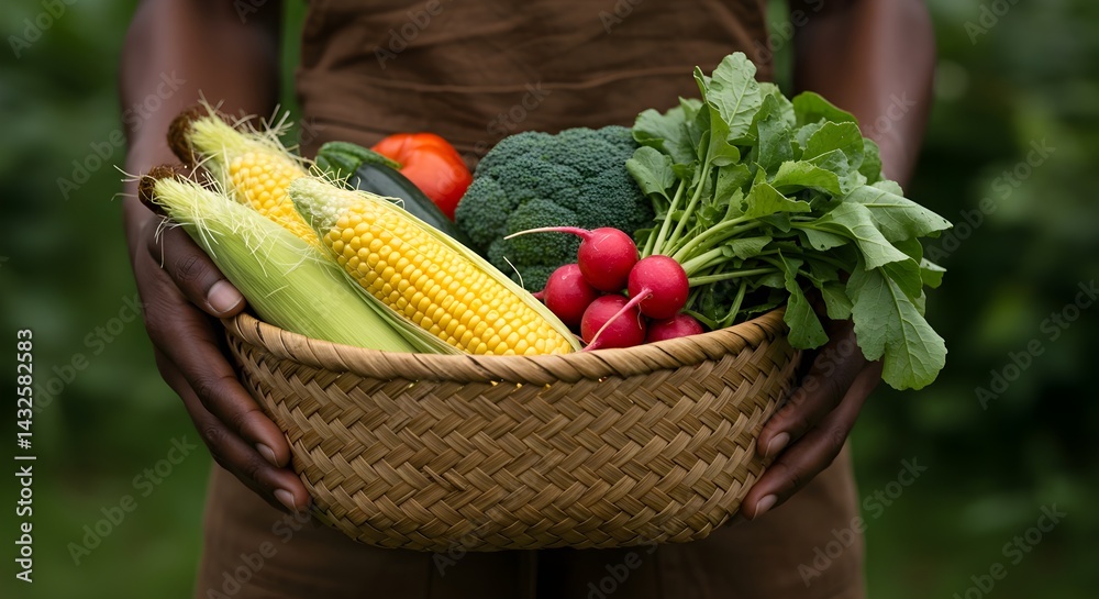 A person holds a woven basket brimming with freshly harvested corn, radishes, broccoli, and other vegetables. A bounty from the garden.