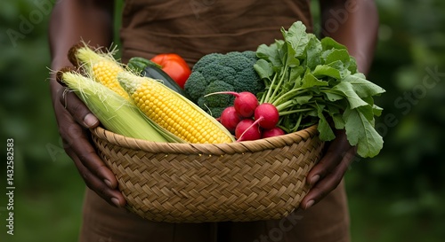 Obraz na płótnie A person holds a woven basket brimming with freshly harvested corn, radishes, broccoli, and other vegetables. A bounty from the garden. w salonie