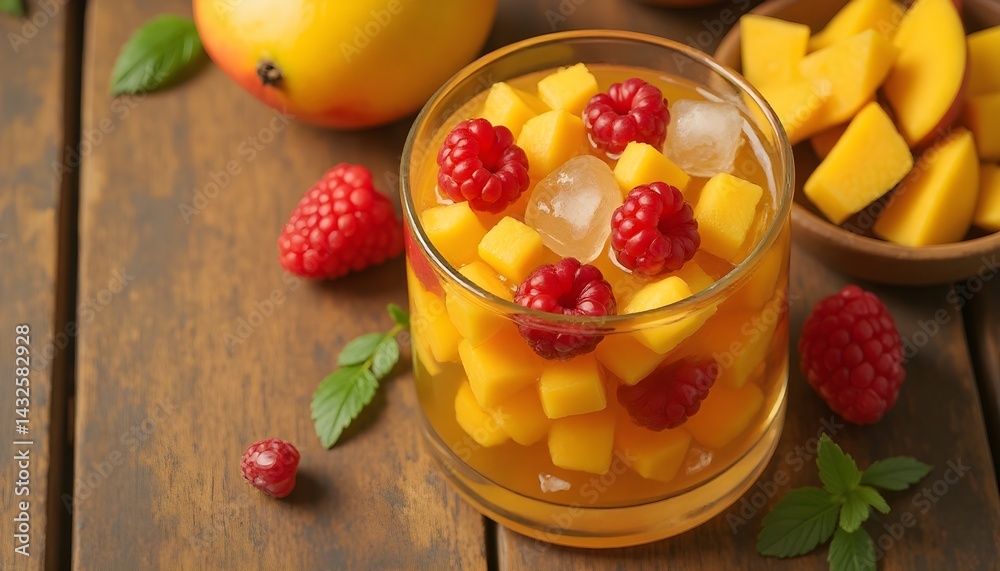 Refreshing summer drink with diced mango and raspberries. Perfect for a hot day!