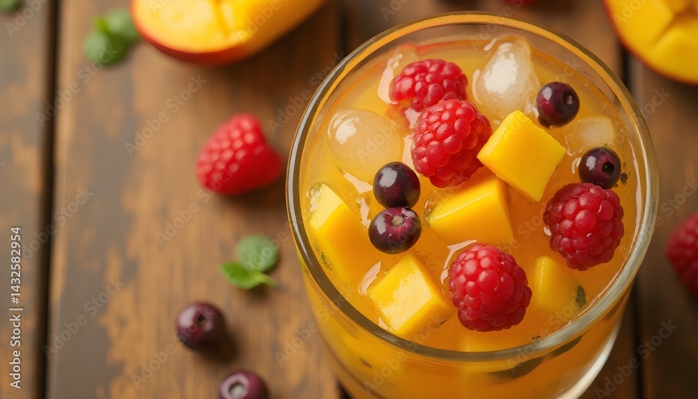 Refreshing summer drink with mango, raspberries, and blueberries. Perfect for a hot day!