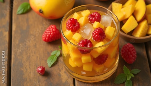Obraz na płótnie Refreshing summer drink with diced mango and raspberries. Perfect for a hot day! w salonie