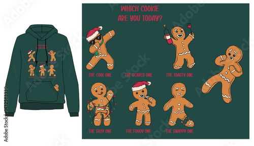 Humorous holiday design featuring six expressive gingerbread cookies with captions like “The Cool One” and “The Snappy One.”