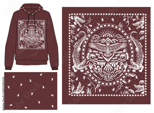 Stylized earth-themed design with a central eagle, crocodiles, mountains, and stars, paired with the quote “The Earth has music for those who listen.”