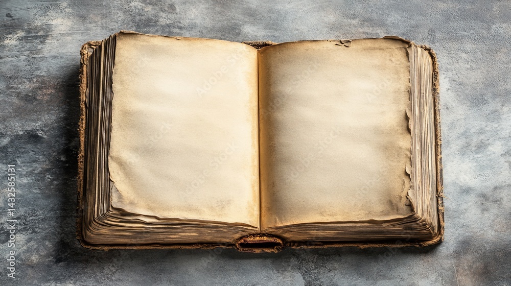 Naklejka premium Open antique book, aged pages displayed on grunge textured surface, overhead shot