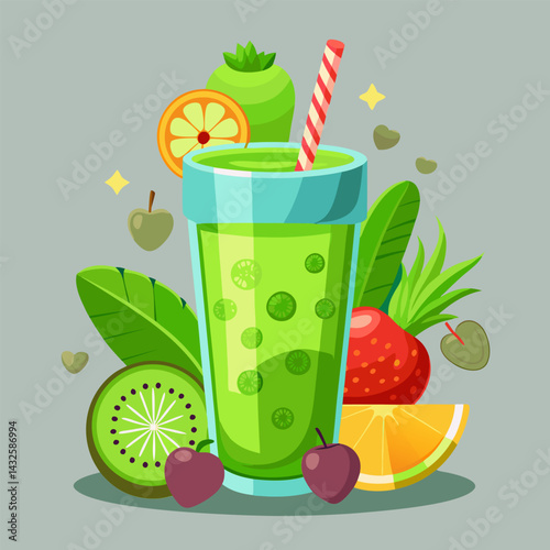 Green Smoothie with Fresh Fruits. A Refreshing and Healthy Drink
