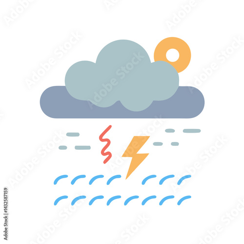 Thunderstorm with rain, lightning, sun vector icon