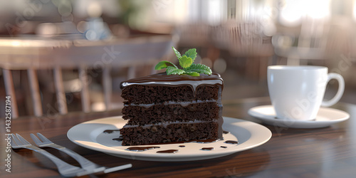 Chocolate cake and a cup of coffee, High angle of chocolate cake slice with coffee. 

