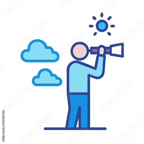 Man Looking Through Telescope Under Sun and Clouds Icon