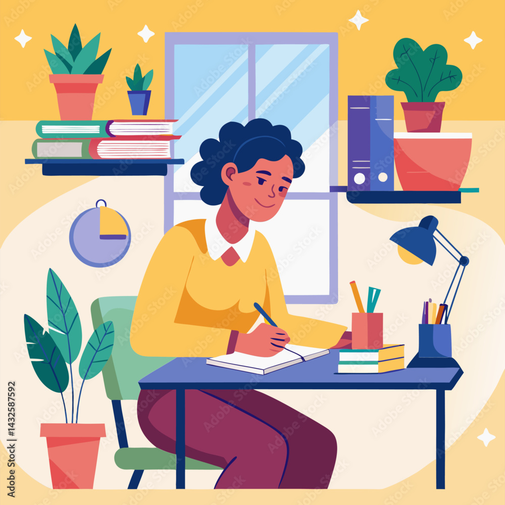 Fototapeta premium Woman Writing at Home Office Desk. Focus and Productivity
