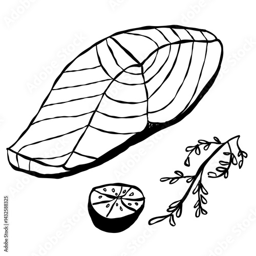 Hand drawn salmon steak sketch illustration with artistic and natural design elements