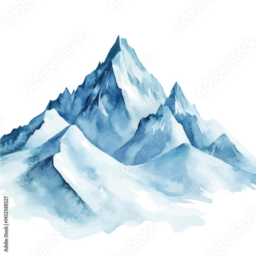 Mountain Range Covered In Shimmering Ice, vector watercolor illustration, isolated on a white background.
